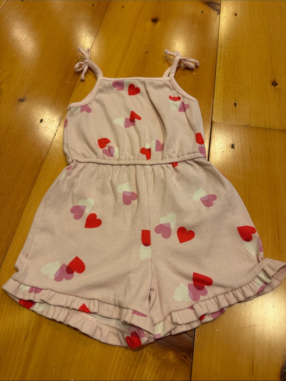 Old Navy Pink Heart Print Romper with Red and Cream Accents